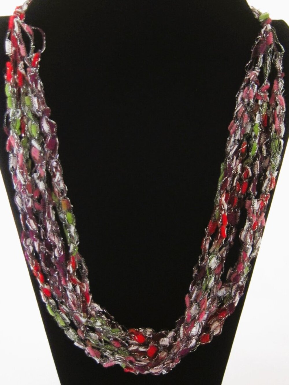 Colorful ribbon trellis necklace –crocheted multi-strand glittery fabric jewelry
